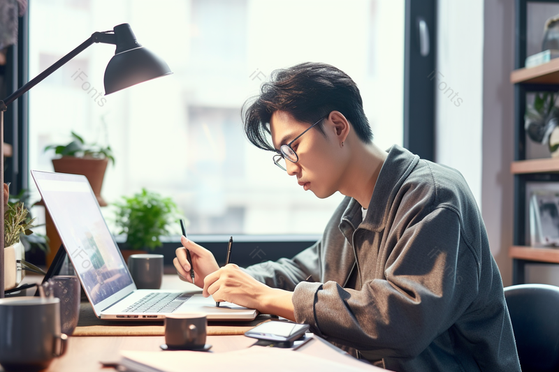 年轻男设计师在工作台上认真工作,高清,摄影图,摄影图片,图片大全,摄影图免费下载